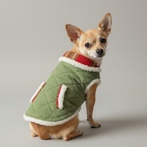 Green Quilted Dog Jacket with Red Plaid Accents
